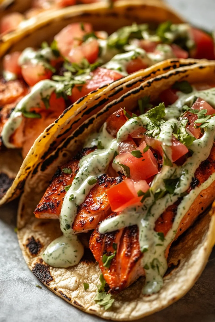 Blackened Salmon Tacos with Cilantro Lime Crema