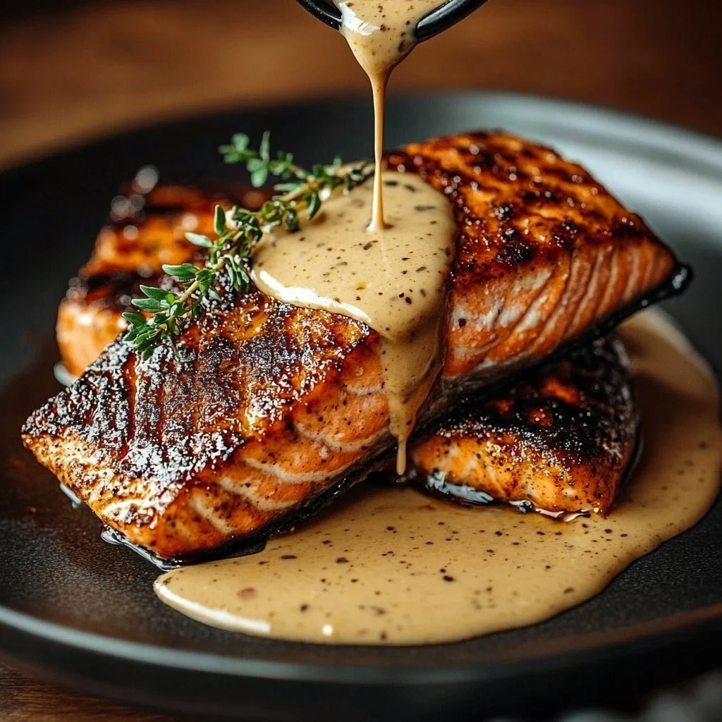Blackened salmon fillet topped with creamy Dijon sauce and herbs on a plate