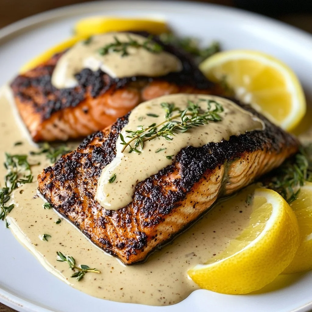 Delicious blackened salmon served with a creamy Dijon sauce