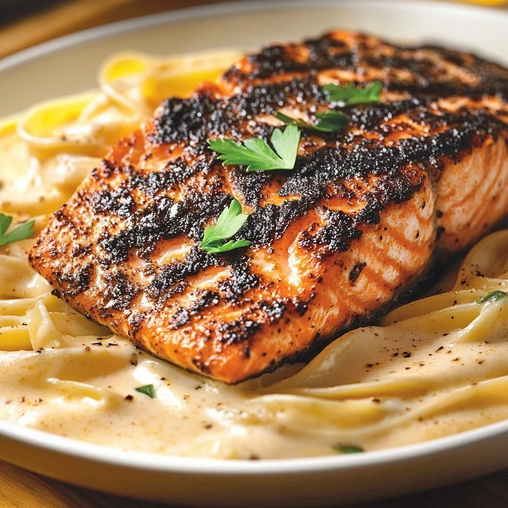 Delicious blackened salmon served with creamy garlic Alfredo pasta