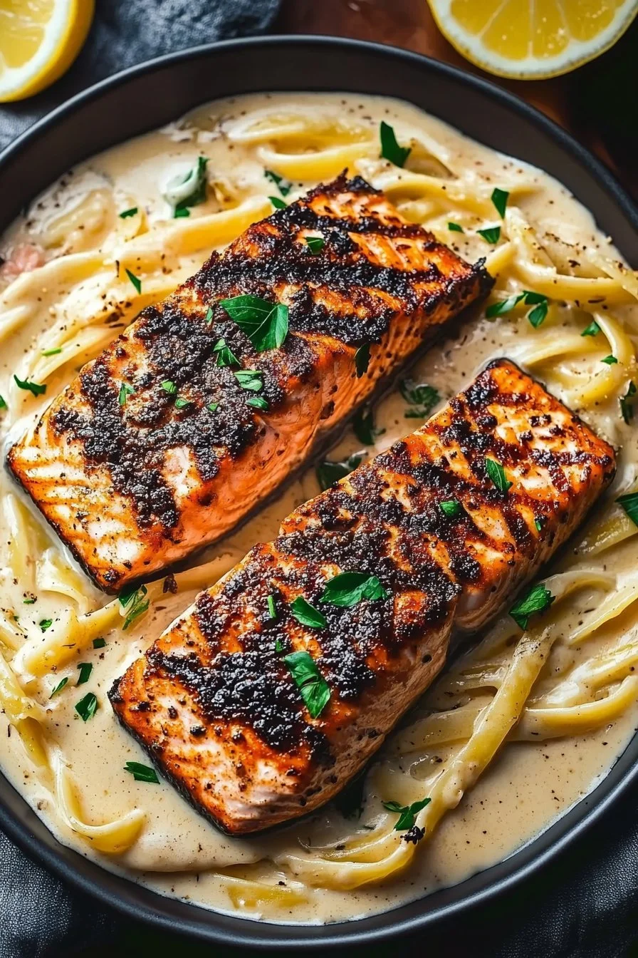 Blackened Salmon with Creamy Garlic Alfredo Pasta