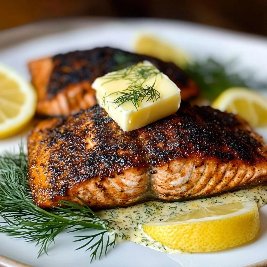 Delicious blackened salmon fillet with Creole lemon dill sauce on a plate.