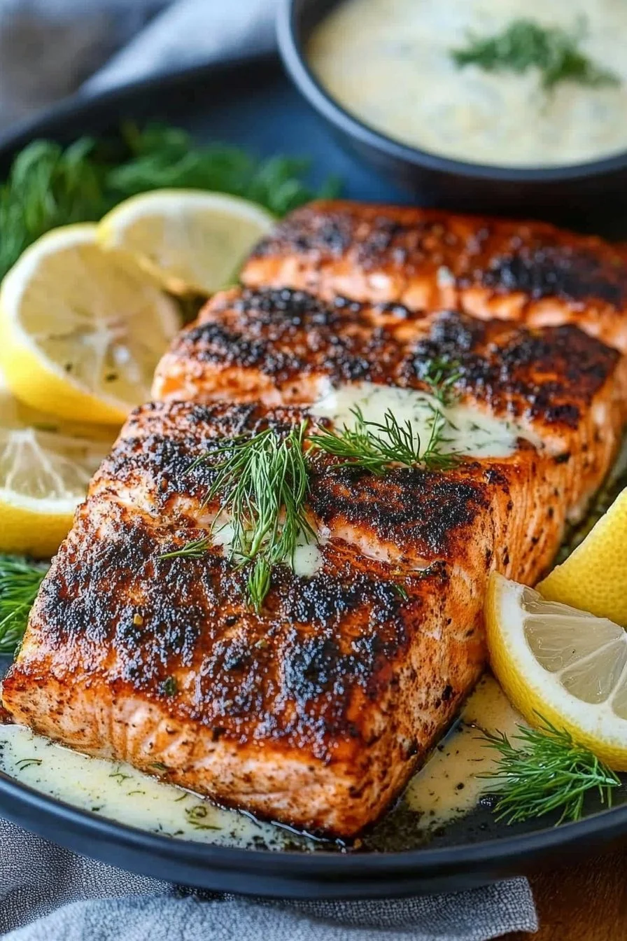 Blackened Salmon with Creole Lemon Dill Sauce