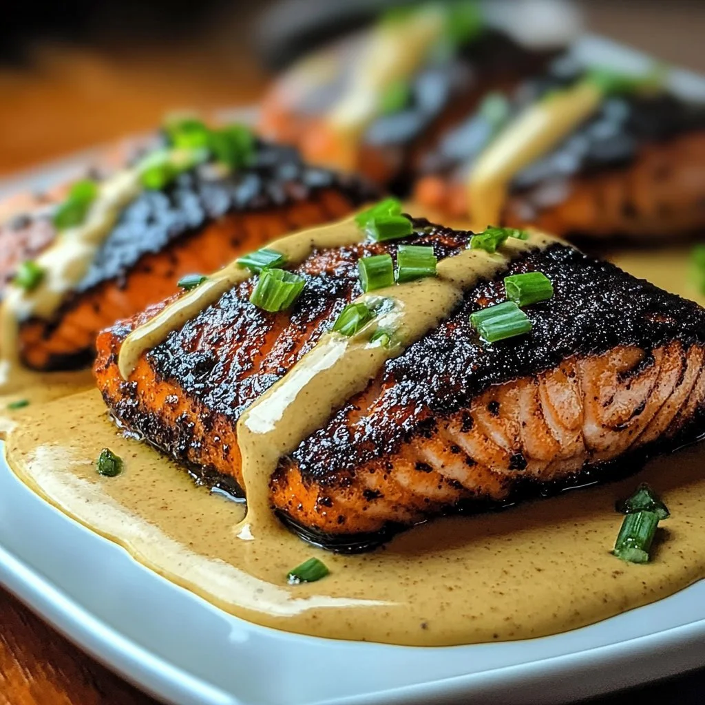 Blackened salmon fillet with Dijon cream sauce on a plate.