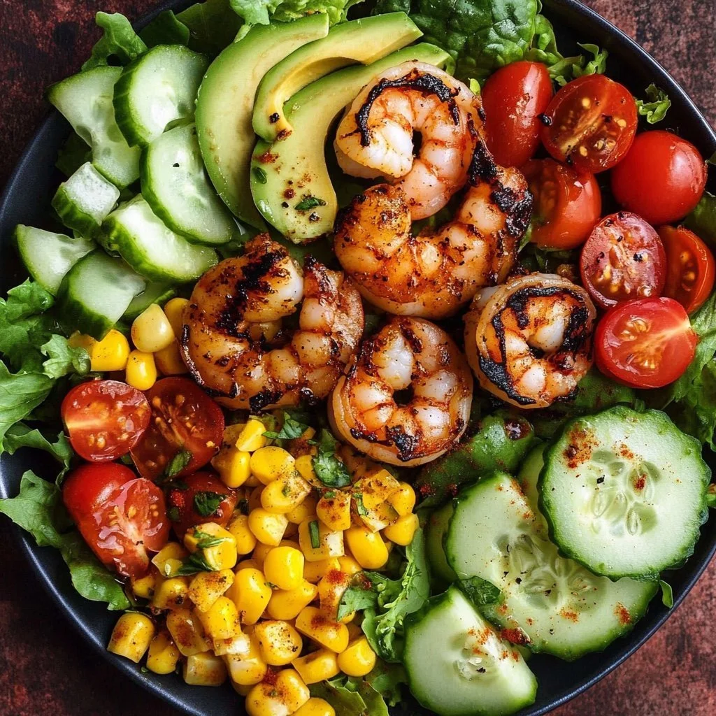 Blackened shrimp salad with grilled corn and avocado ranch dressing