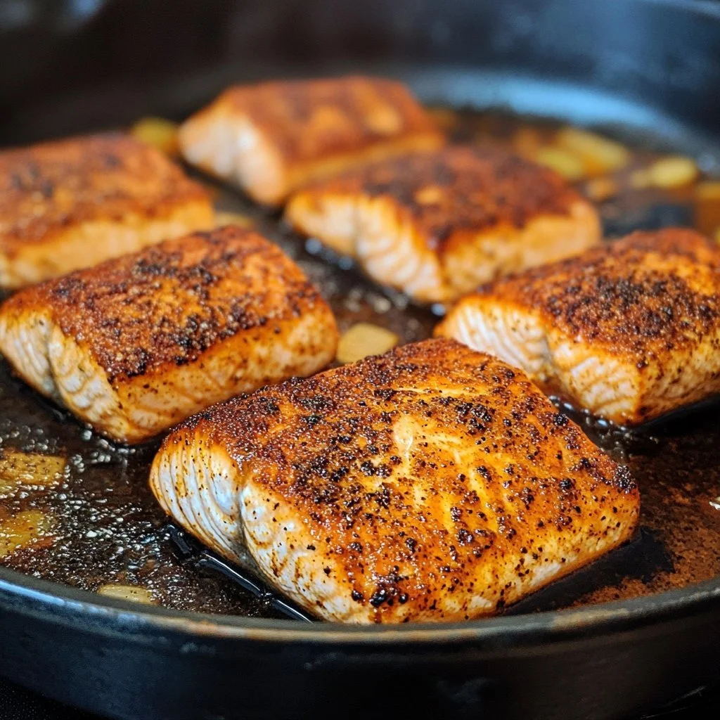 Plate of bold blackened salmon cooked to perfection in 15 minutes