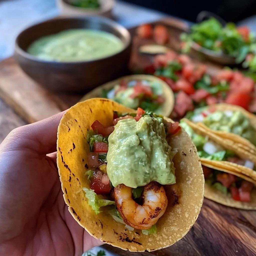 Delicious bronzed shrimp tacos served with fresh toppings and lime wedges