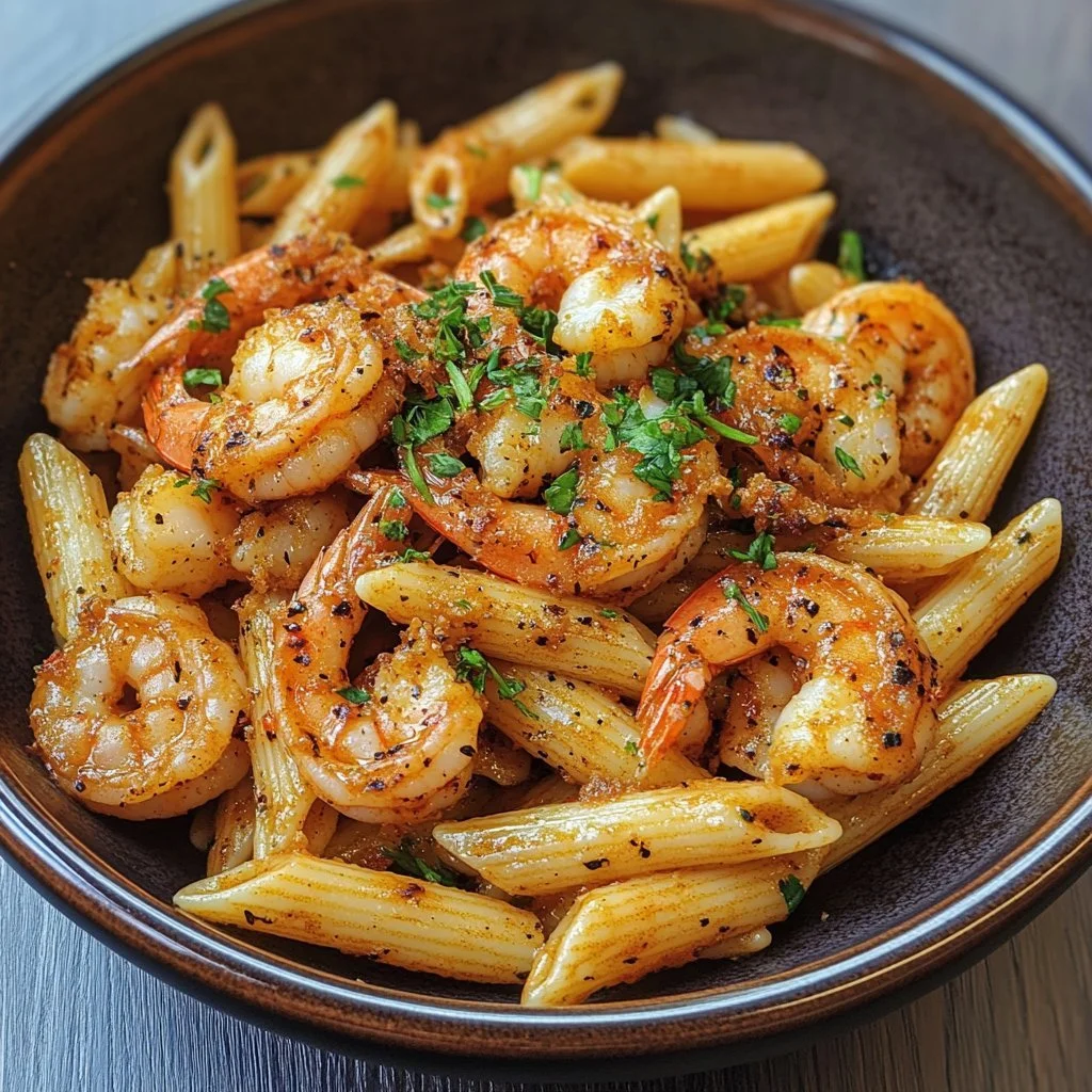 Delicious Cajun Shrimp Pasta served with spices and herbs.