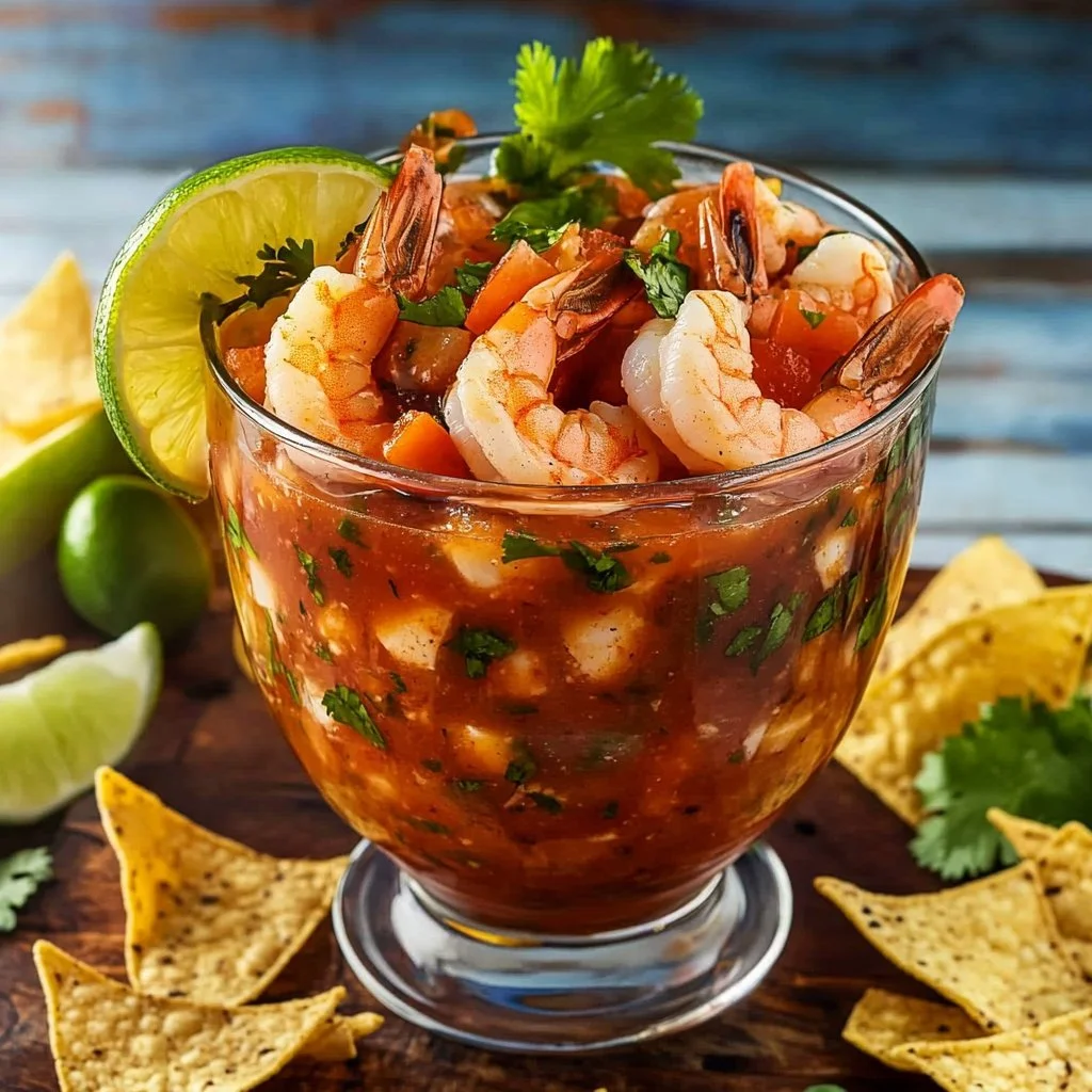 A delicious serving of Campechana, a grilled Mexican shrimp cocktail, garnished with fresh vegetables.