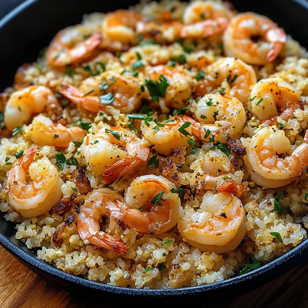 Bowl of Cauliflower Fried Rice with Shrimp garnished with vegetables