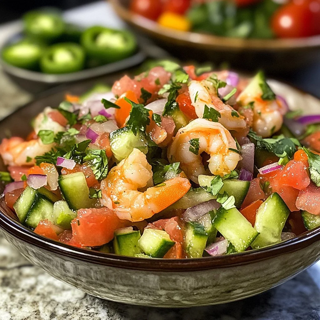 A vibrant bowl of fresh ceviche made with shrimp, lime, and herbs