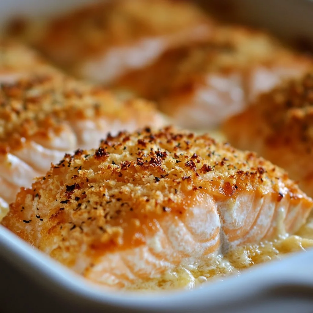 Baked Parmesan Crusted Salmon with a golden cheesy top