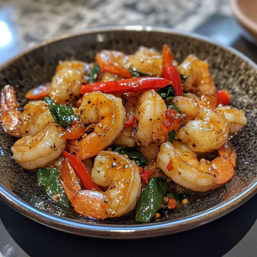 Delicious plate of Chinese Salt and Pepper Prawns served with fresh herbs