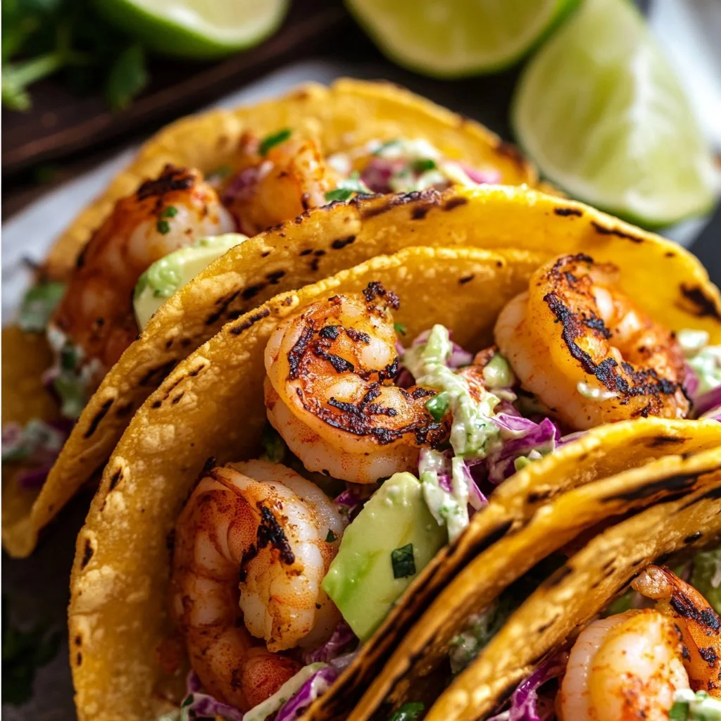 Cilantro lime shrimp tacos served with creamy slaw on a plate