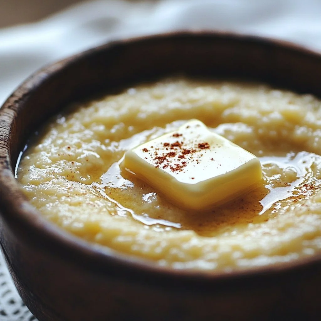Bowl of classic creamy grits topped with butter and seasoning