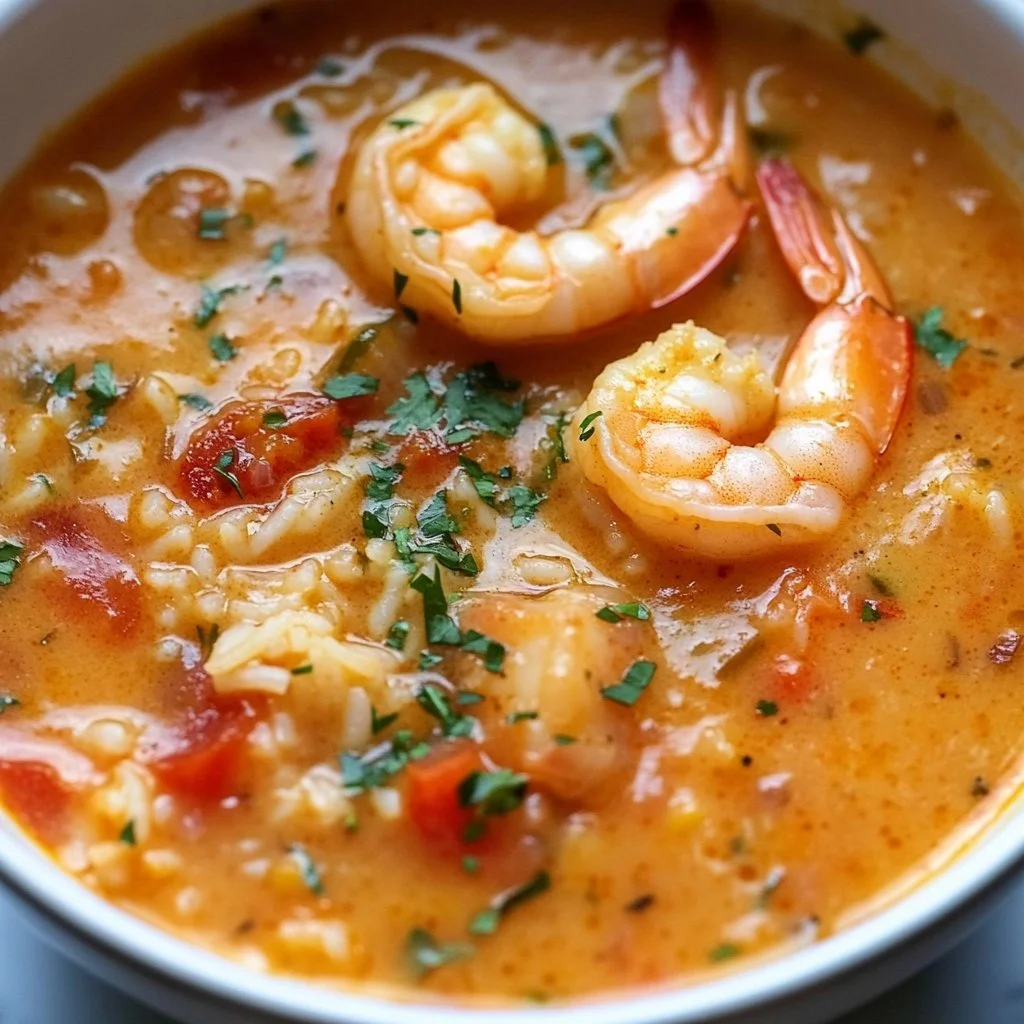 Coconut Curry Shrimp Soup in a bowl garnished with cilantro and lime.