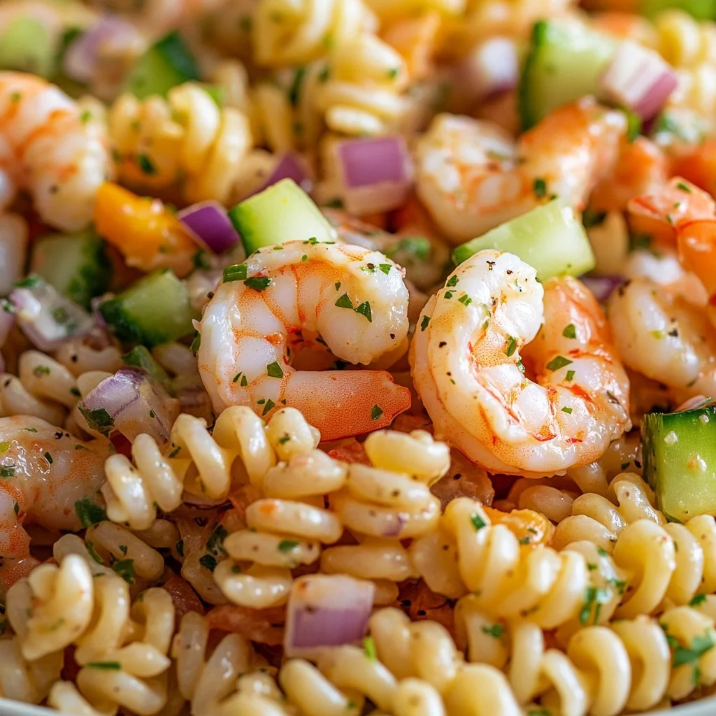 Delicious cold shrimp pasta salad with fresh vegetables and dressing.