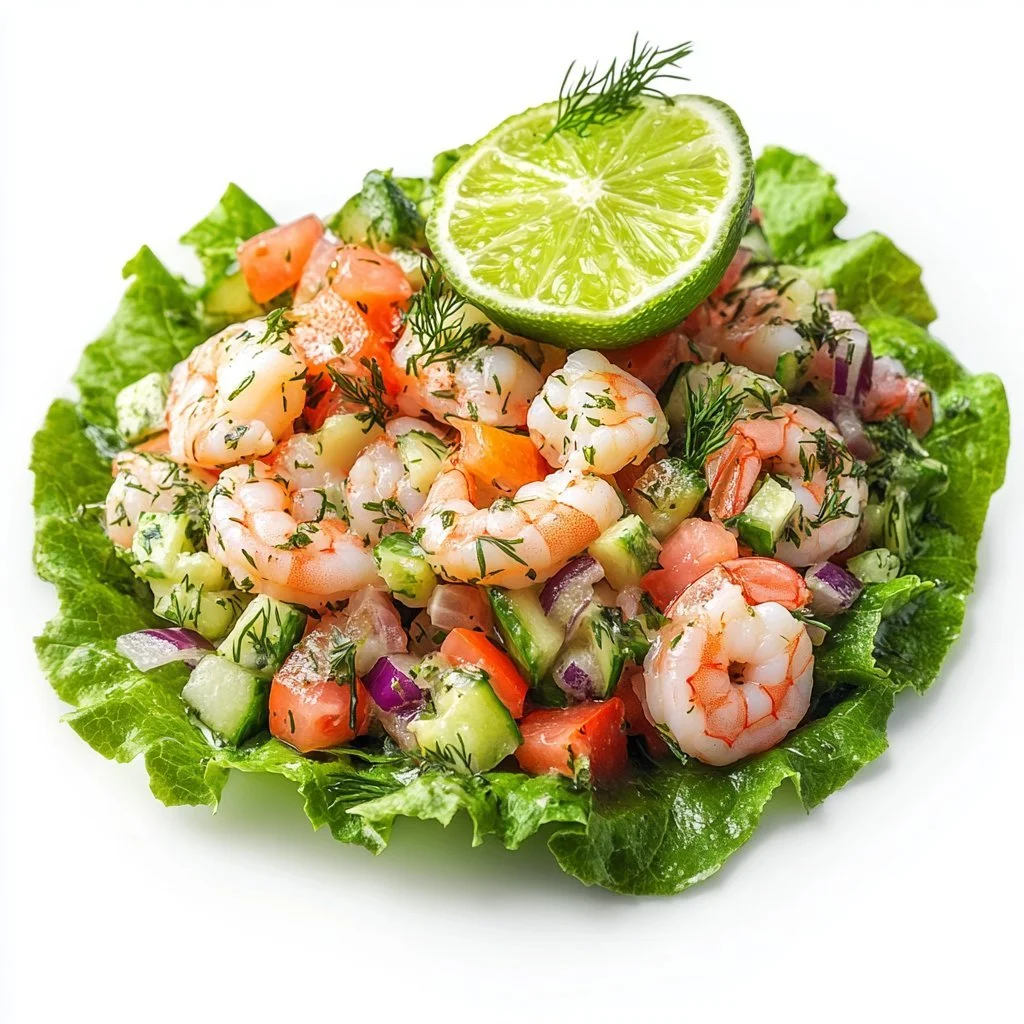 Delicious cold shrimp salad with fresh vegetables and dressing