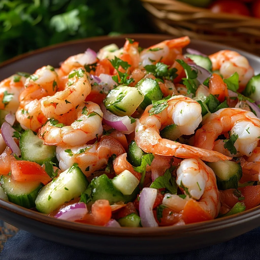 Bowl of cooked shrimp ceviche with fresh ingredients and vibrant colors
