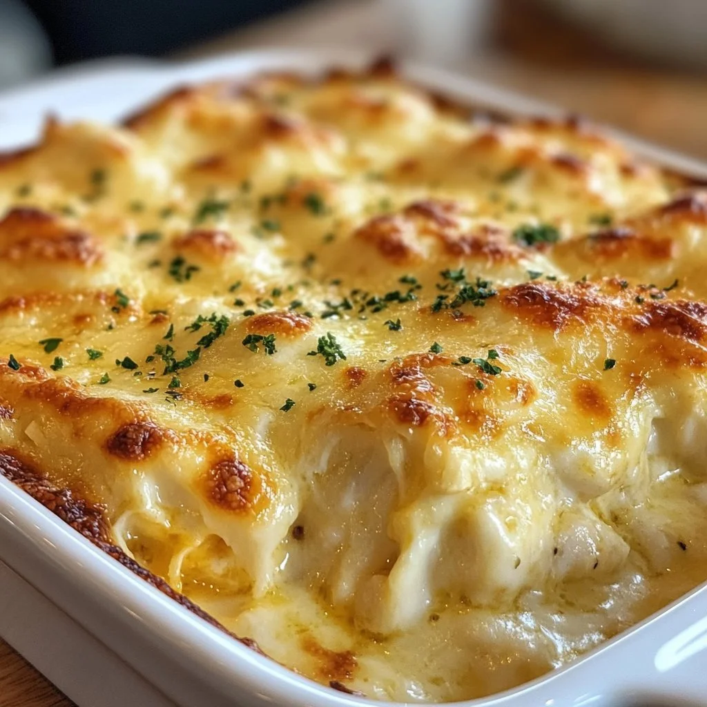 Delicious crab casserole topped with herbs and cheese, served in a baking dish