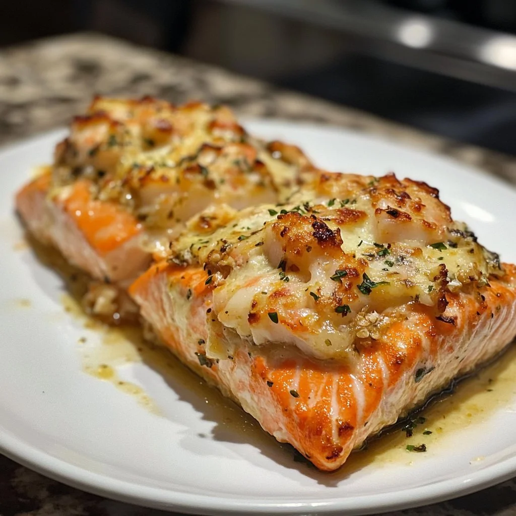 Delicious crab and shrimp stuffed salmon fillet served on a plate.