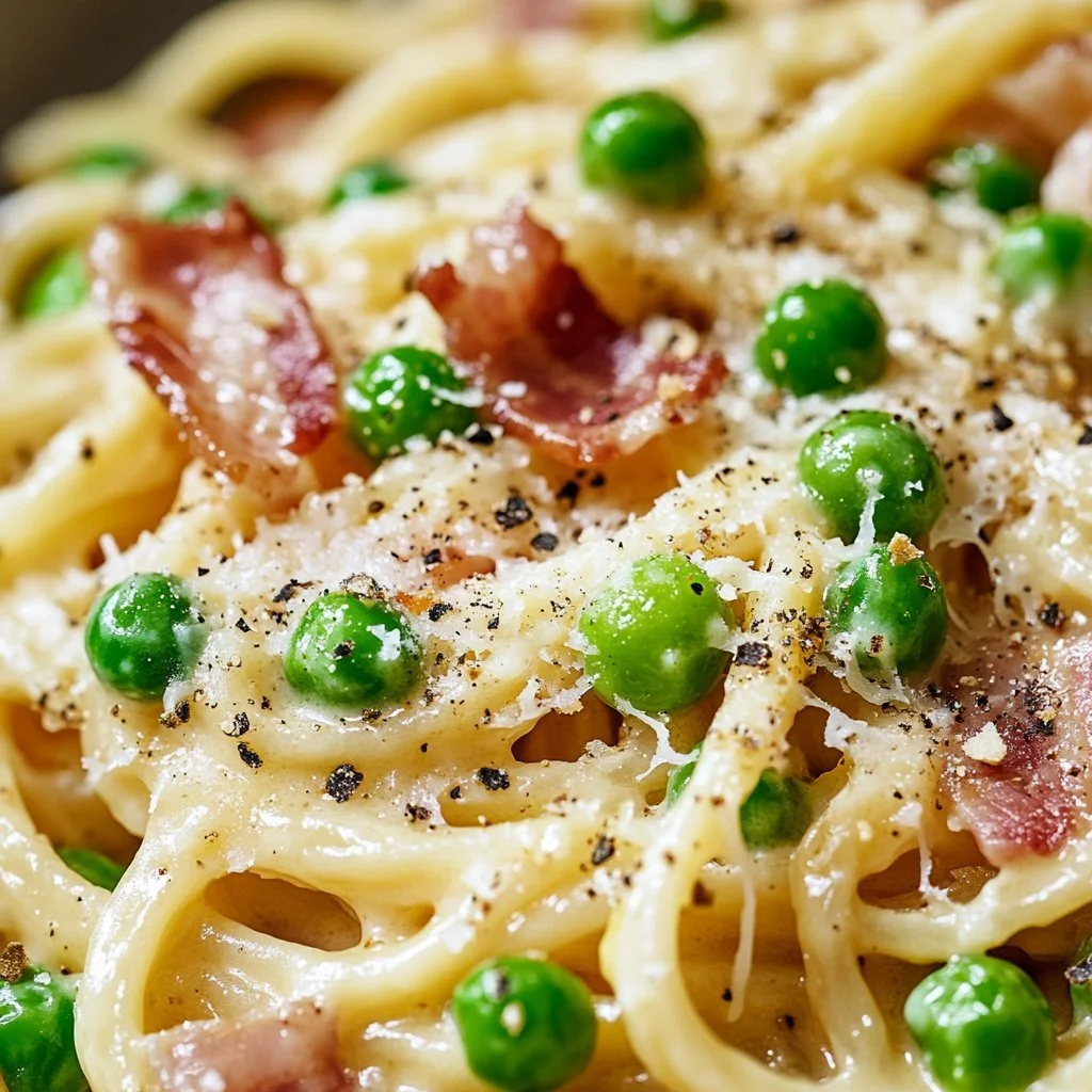 Bacon carbonara dish with creamy sauce and peas on a plate