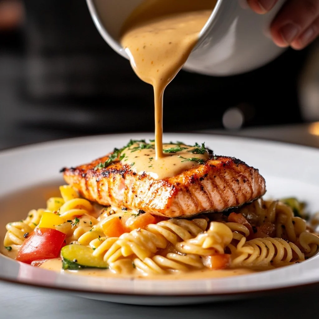 Delicious creamy Cajun salmon pasta served in a plate garnished with herbs