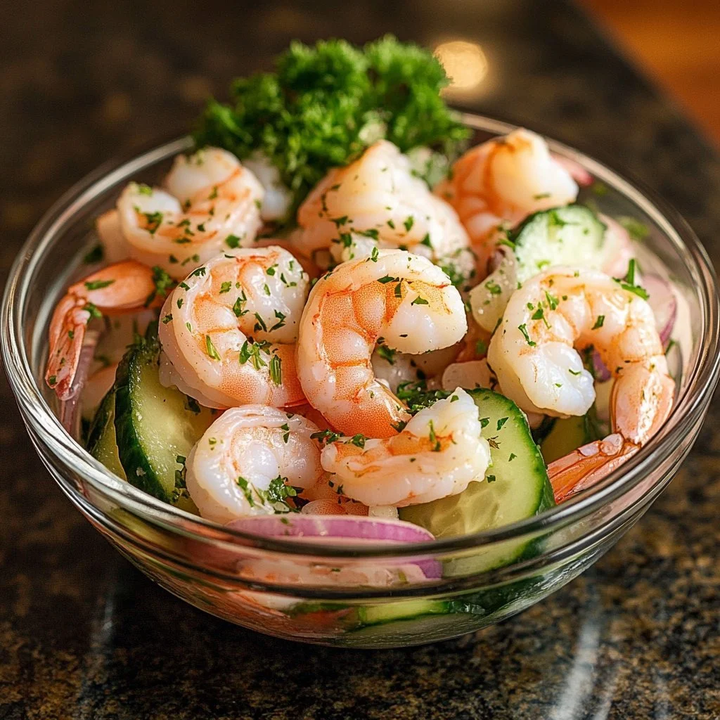 Creamy cucumber shrimp salad with fresh vegetables and a delicious dressing