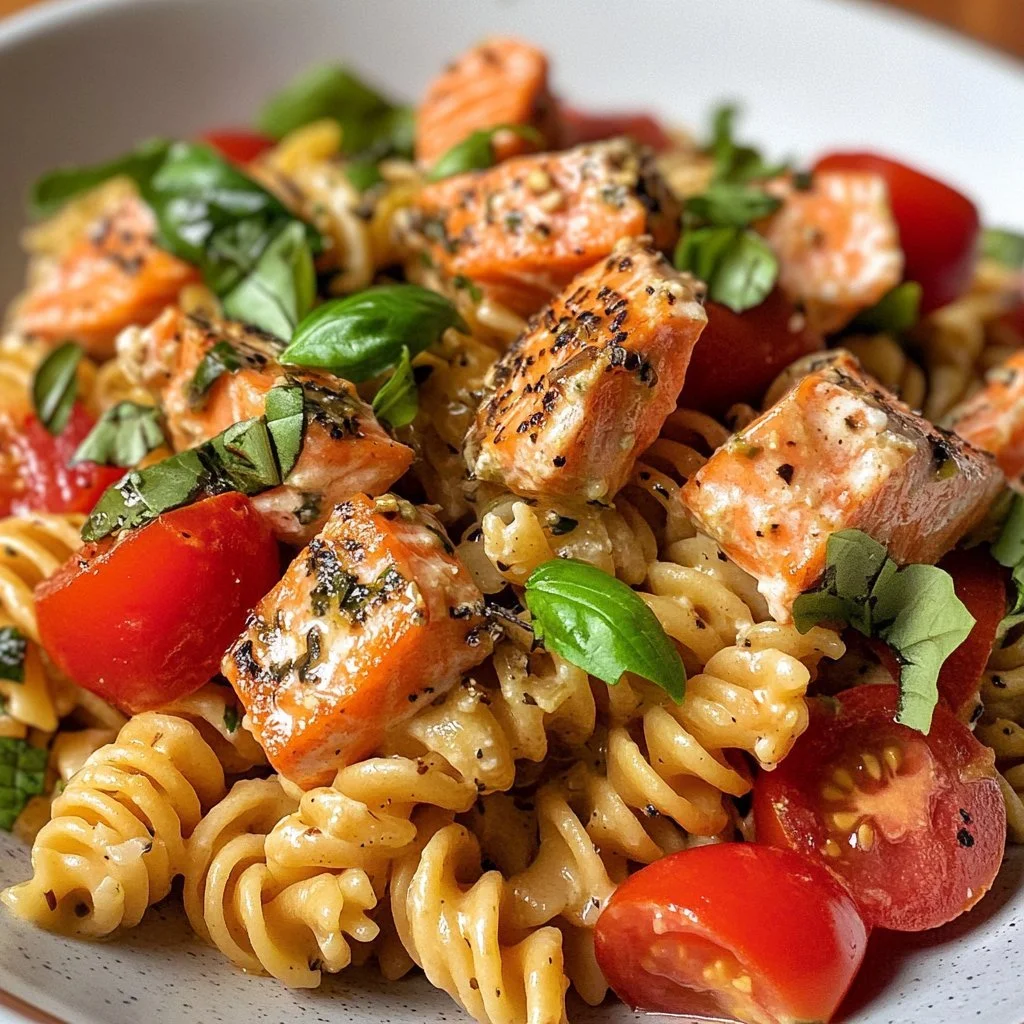 Creamy feta and salmon pasta dish garnished with fresh herbs