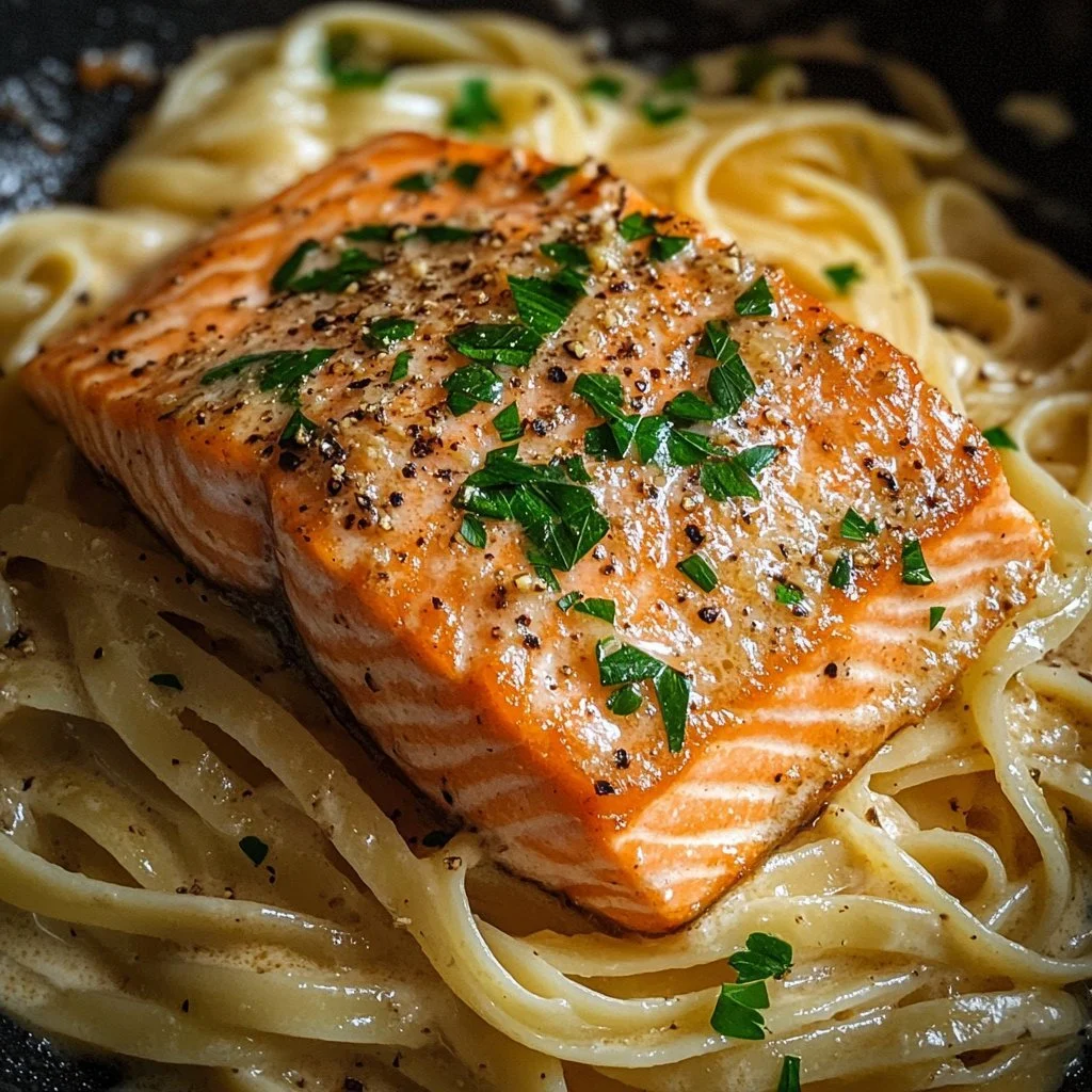 Creamy garlic salmon pasta dish with a rich sauce and fresh herbs.
