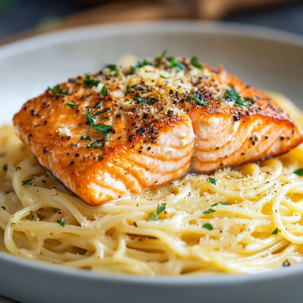 Delicious creamy garlic salmon pasta served in a bowl, garnished with herbs.