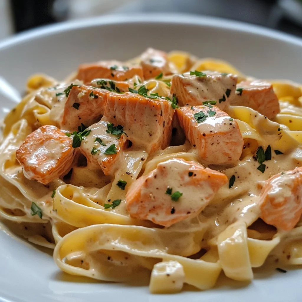 Creamy garlic salmon pasta served in a bowl with fresh herbs.