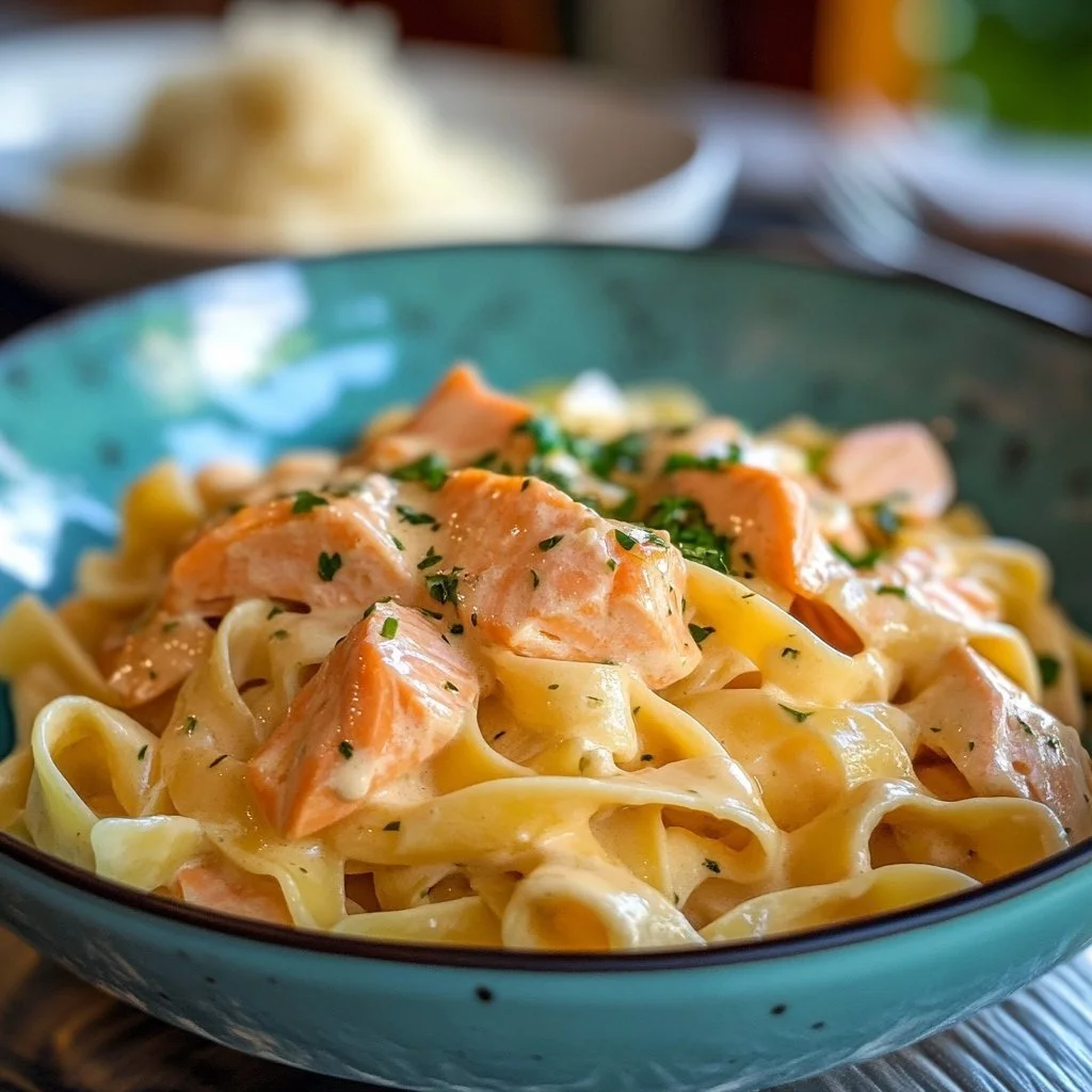 Creamy garlic salmon pasta served in a white bowl