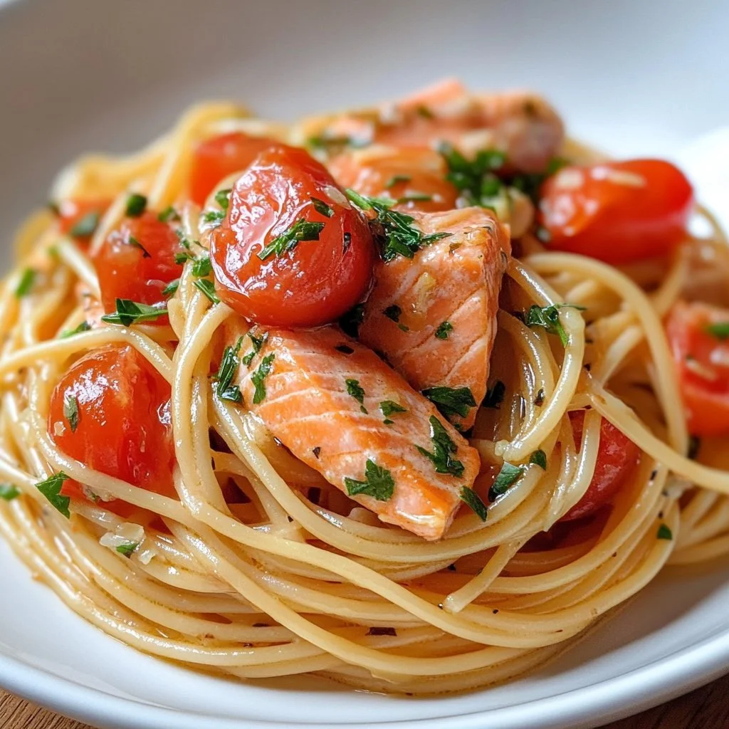 Creamy lemon and fresh tomato salmon pasta dish served in a bowl