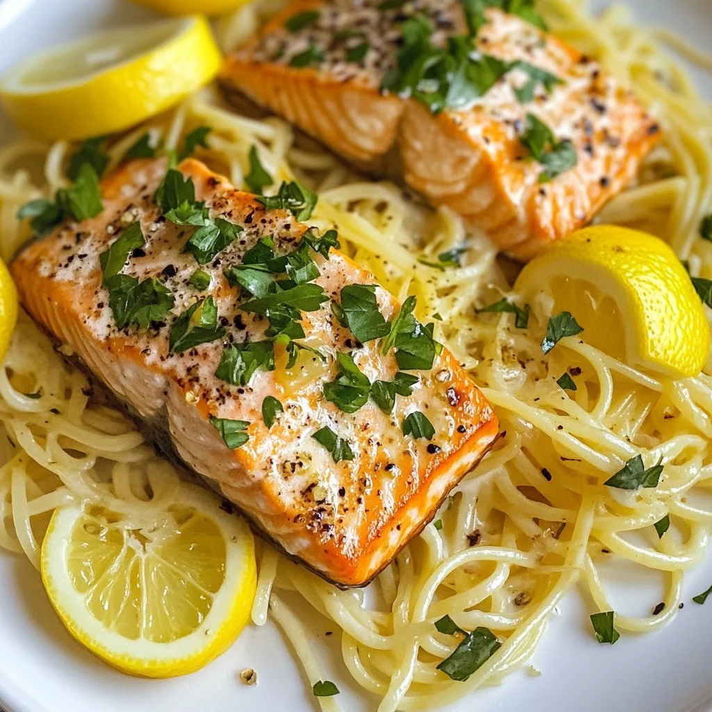 Creamy lemon garlic salmon pasta dish garnished with herbs