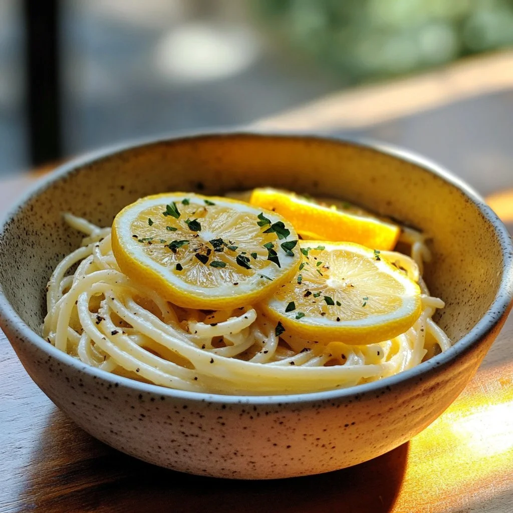 Bowl of creamy lemon pasta topped with fresh herbs and lemon zest