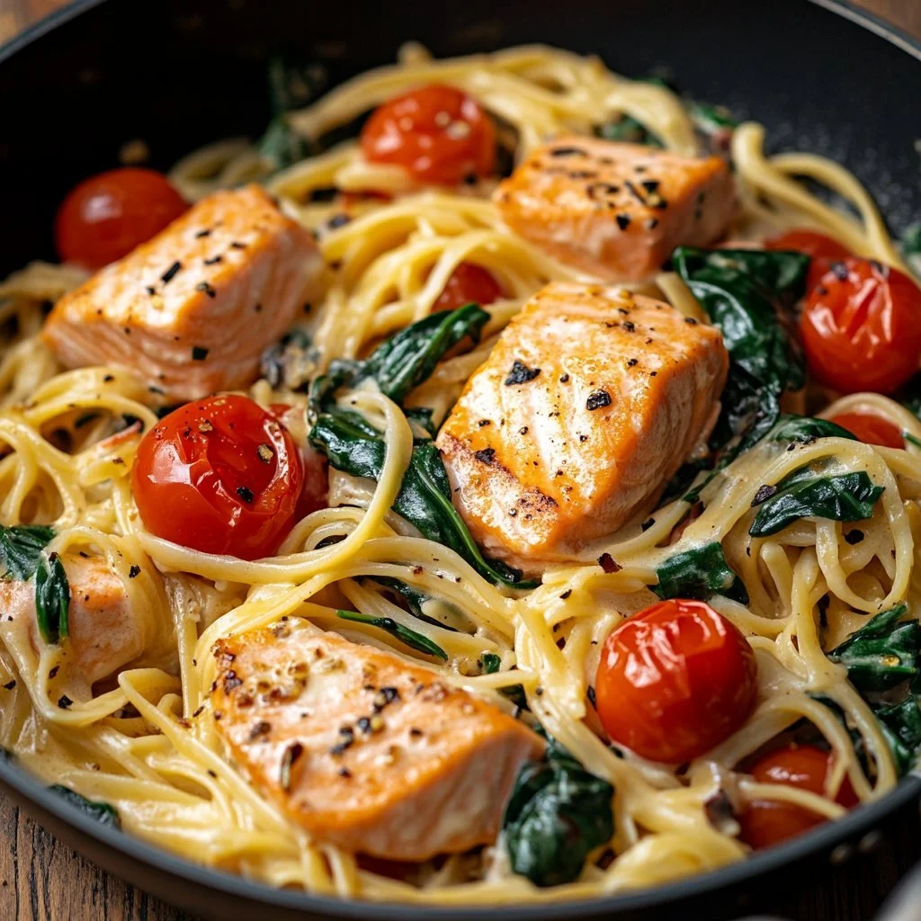 Delicious creamy salmon pasta served in a bowl with fresh herbs