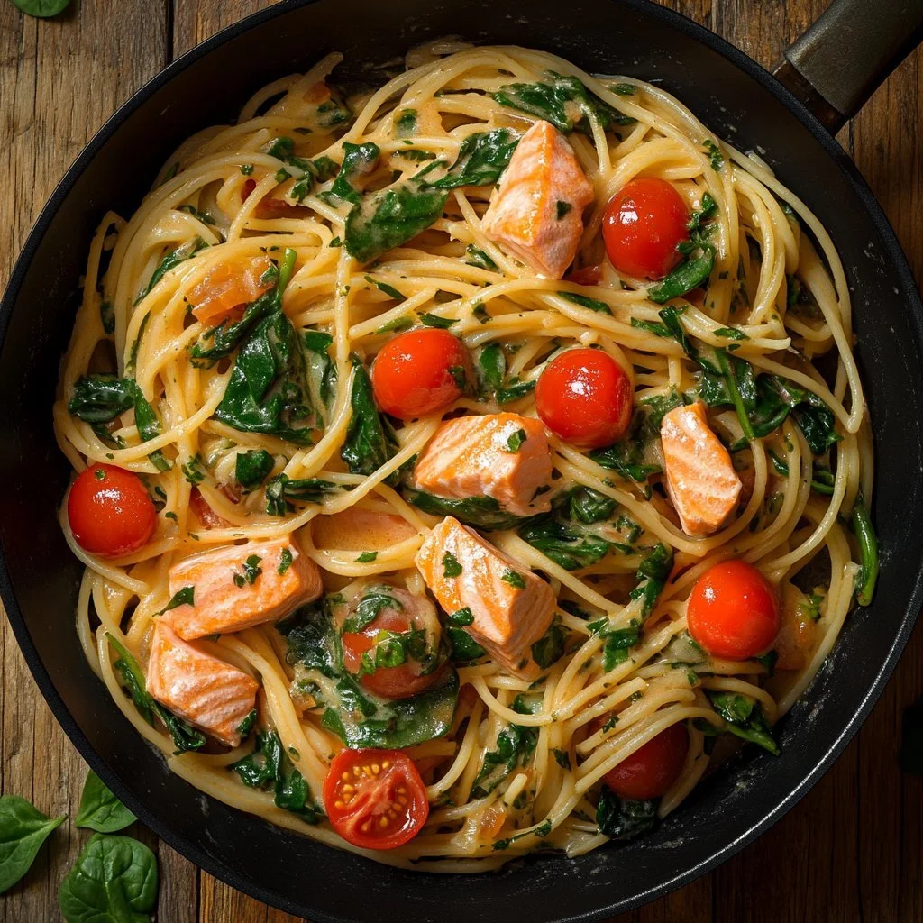 Creamy salmon pasta dish garnished with herbs and served with a side of lemon wedges