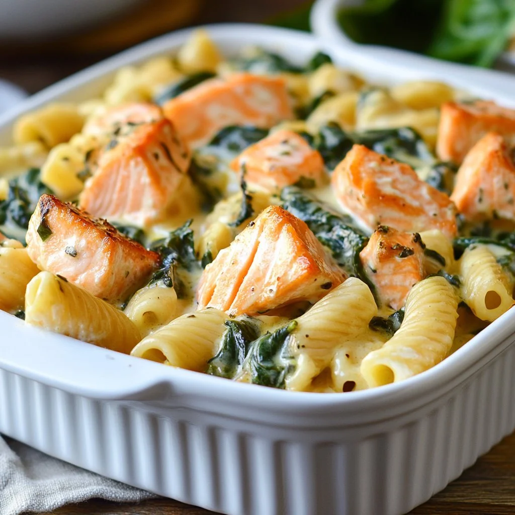 Creamy salmon pasta served in a bowl with herbs and garnish