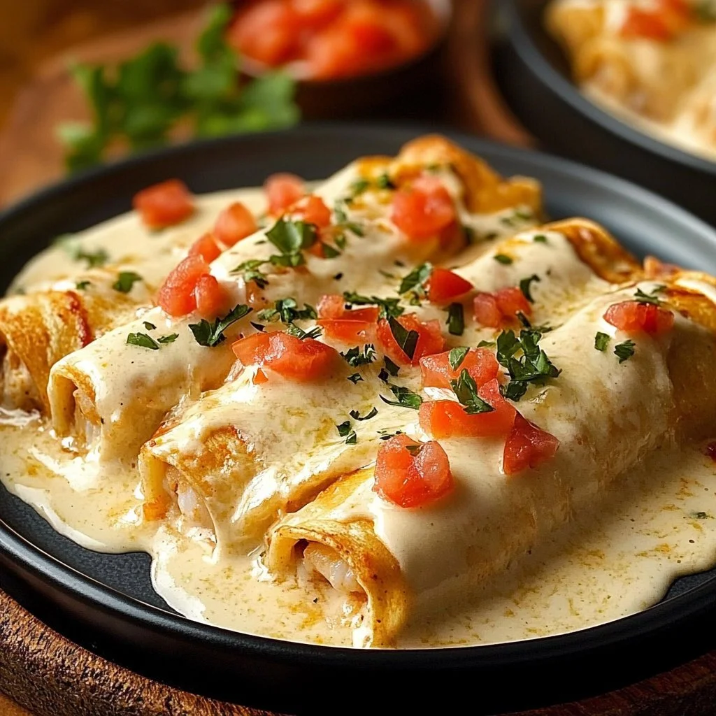 Delicious creamy shrimp enchiladas topped with fresh herbs and cheese.