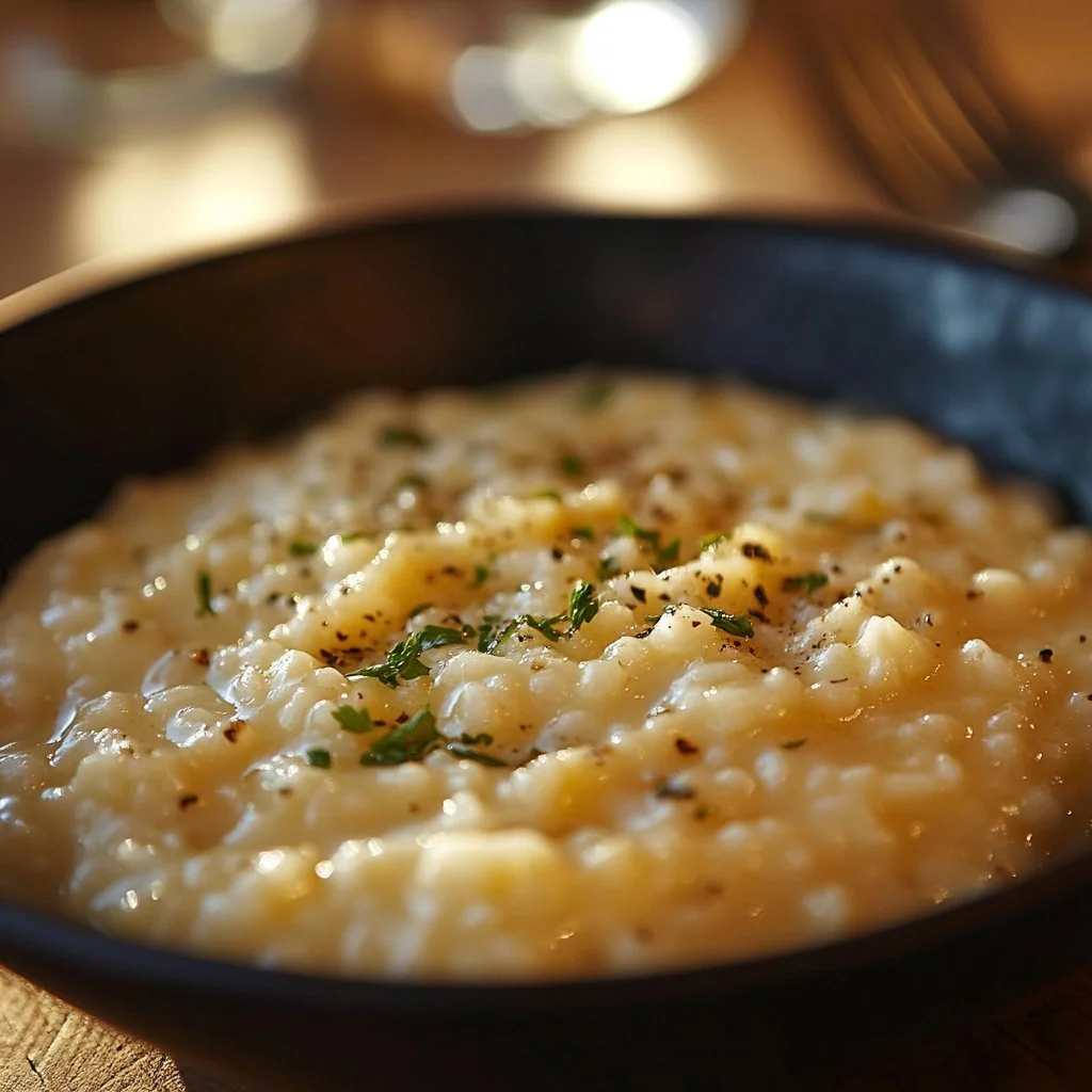 Bowl of creamy Southern grits topped with butter and herbs