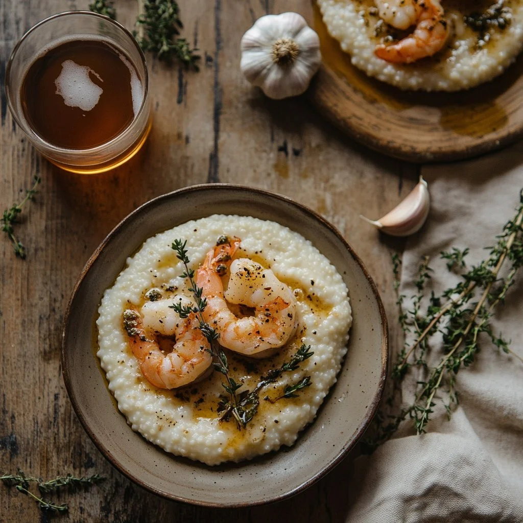 Creamy Southern grits topped with Cajun-spiced shrimp in a bowl