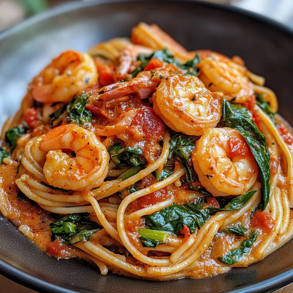 Creamy tomato spinach shrimp pasta served in a bowl with basil garnish.