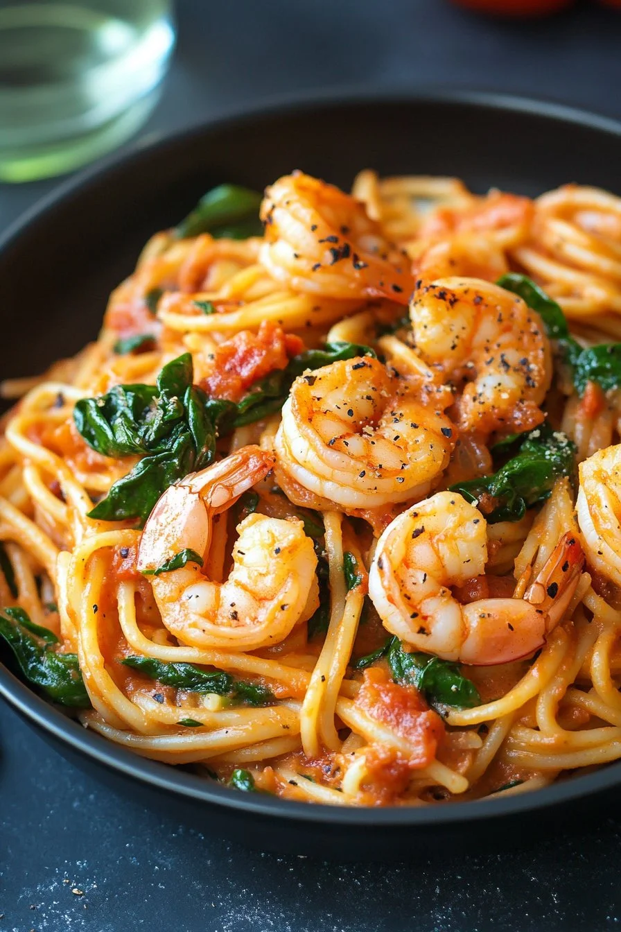 Creamy Tomato Spinach Shrimp Pasta
