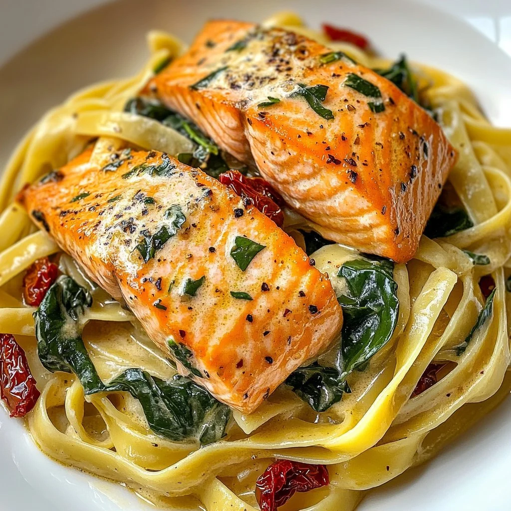 Creamy Tuscan salmon pasta served with fresh herbs and vegetables