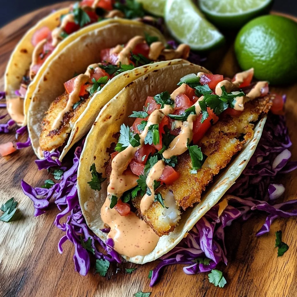 Plate of Crispy Baja Fish Tacos with fresh toppings and lime wedges