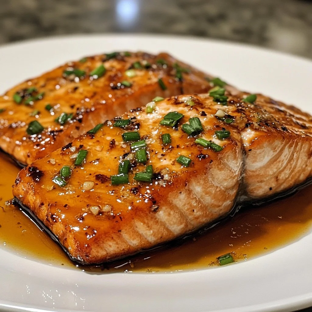 Crispy honey garlic glazed salmon served with vegetables