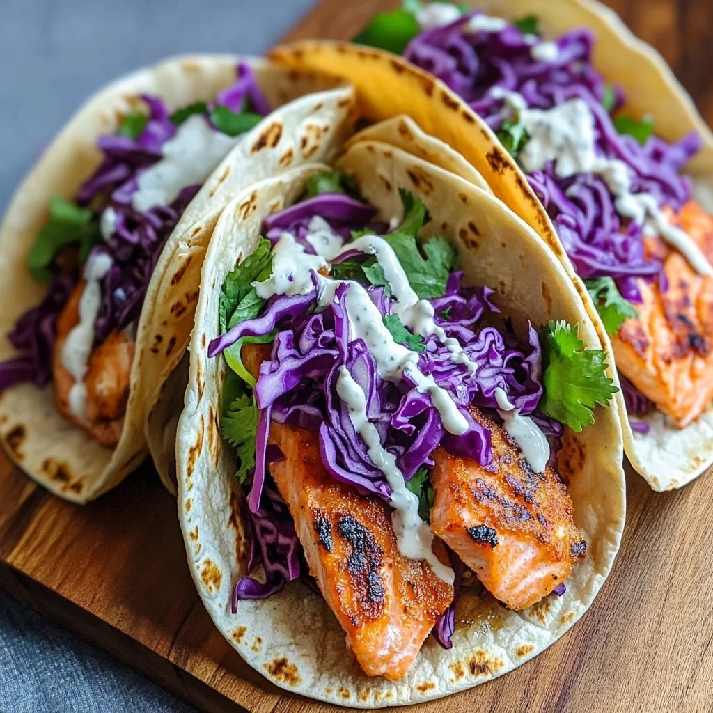 Crispy salmon tacos topped with fresh vegetables and lime wedges