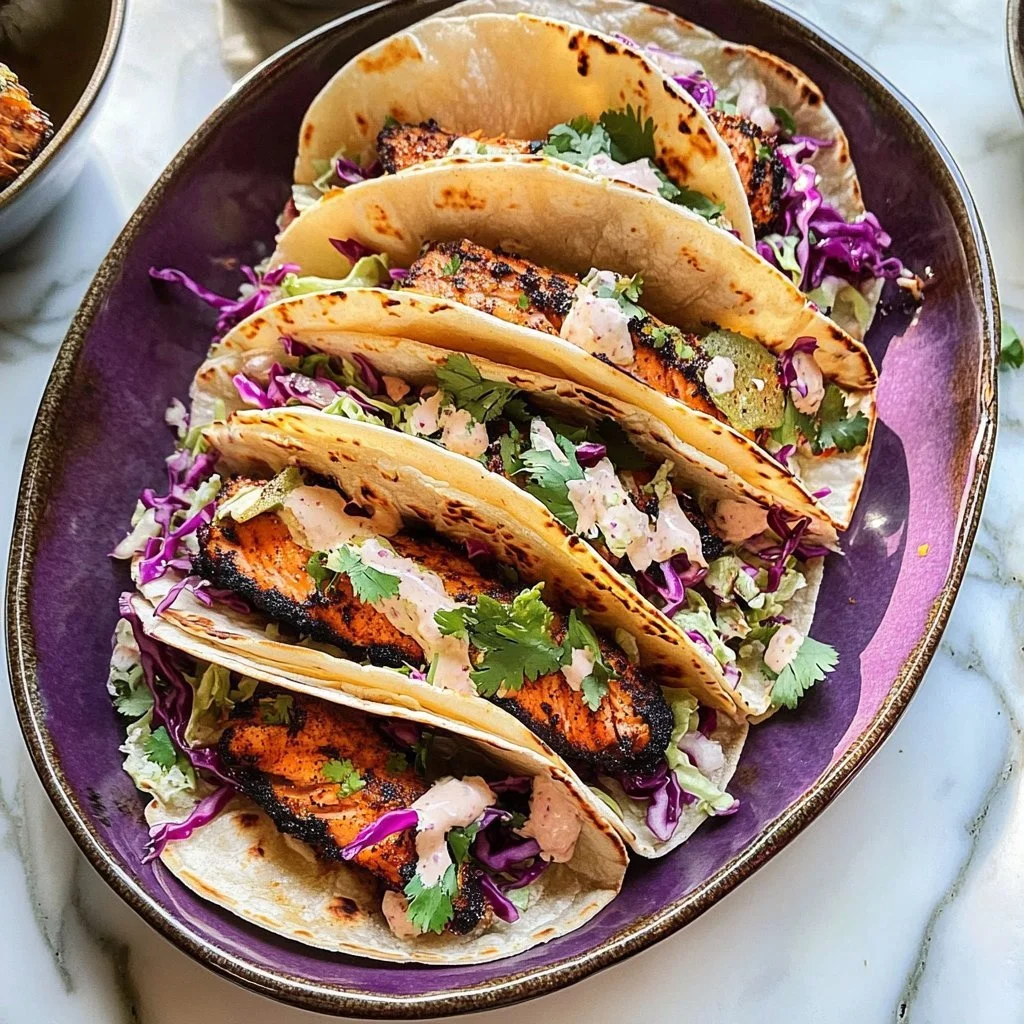 Crunchy blackened salmon tacos with serrano slaw on a wooden plate.