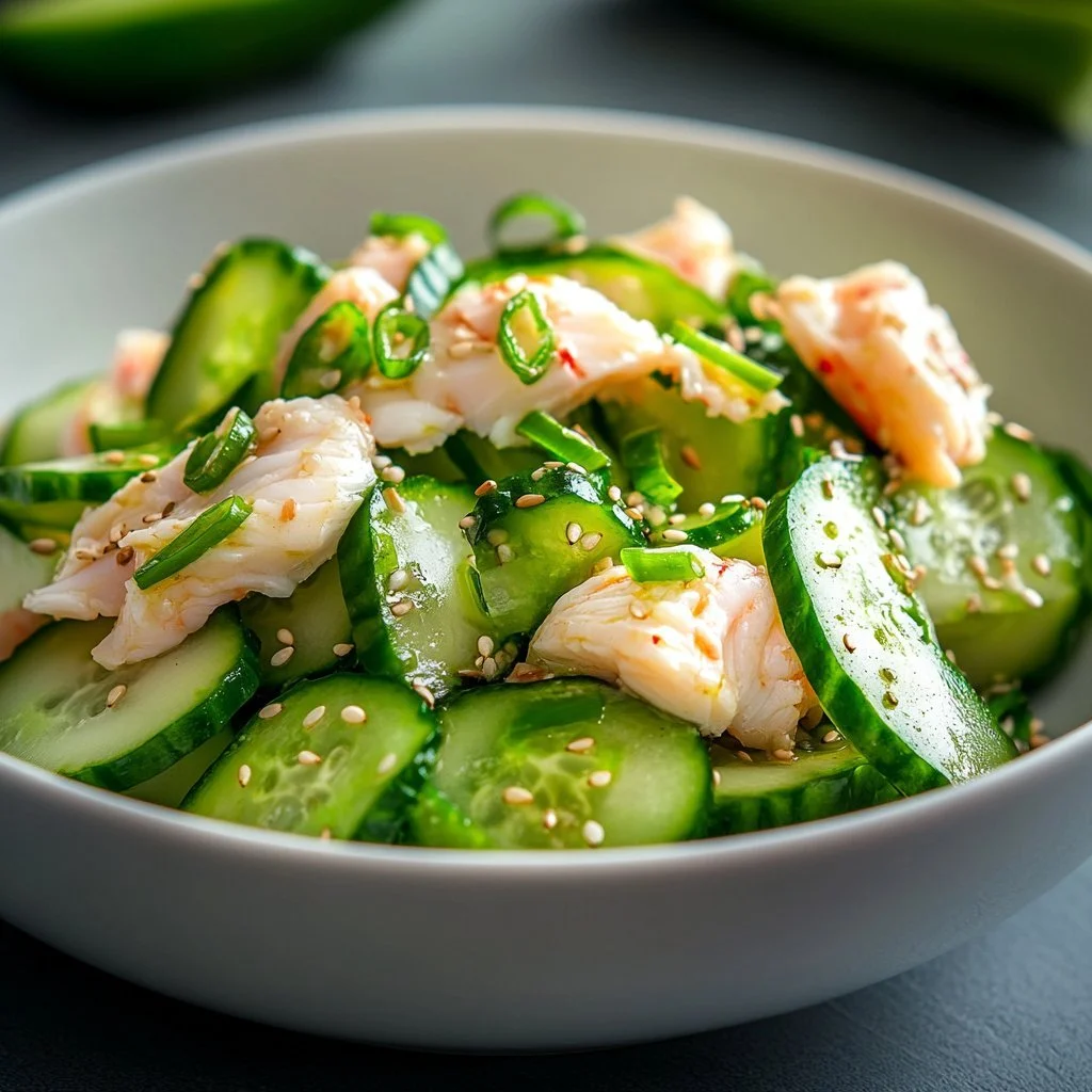 Cucumber salad topped with crab meat, garnished with herbs on a white plate.